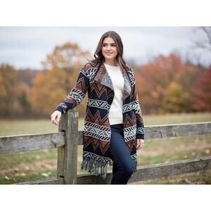 Signature Studio Aztec Geo Print Fringe Cardigan Sweater Duster L boho western